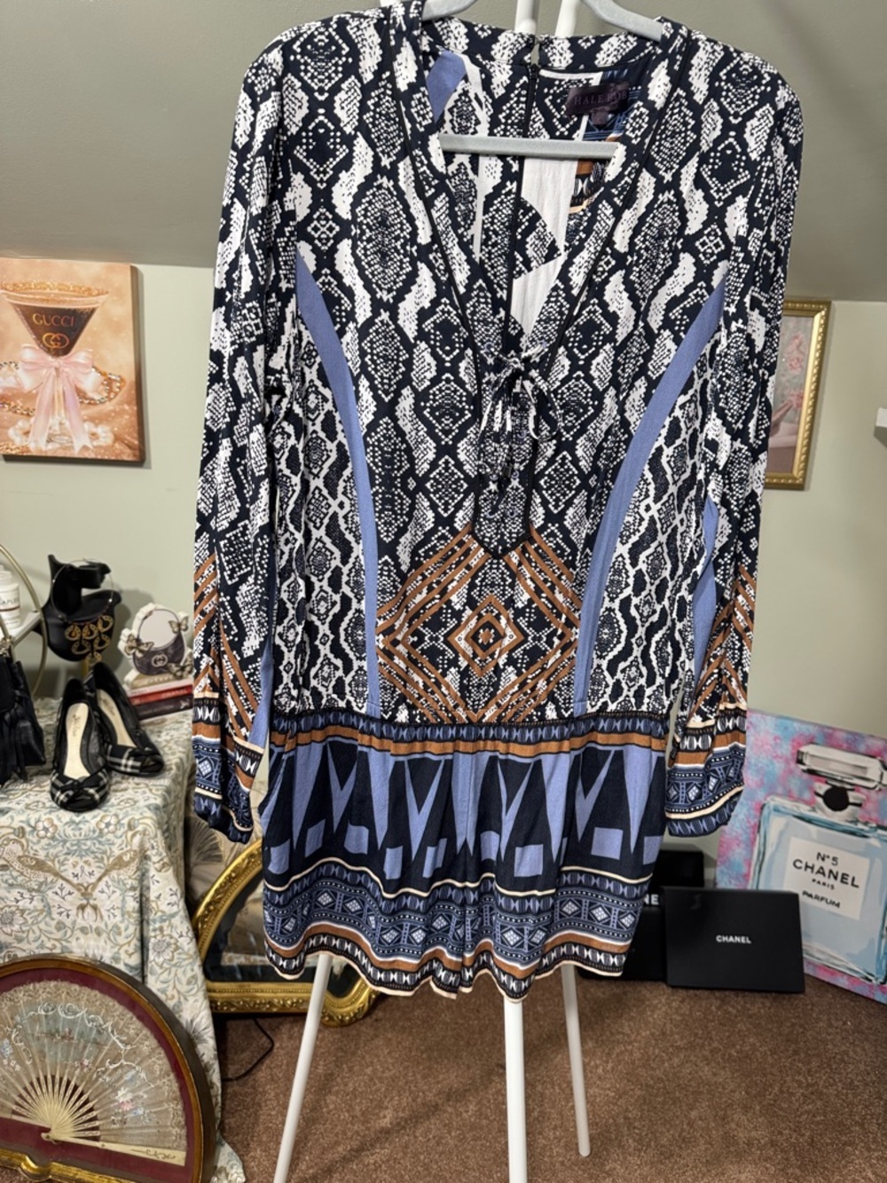 NWOT Hale Bob Black, White & Purple Tribal Printed Romper Zipper Back Tie Front - Picture 12 of 15